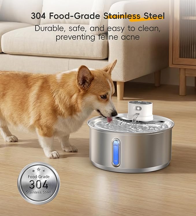 Stainless Steel Cat Water Fountain, 186fl.oz/1.45Gal Wireless Dog Water Fountain Battery Operated, Pet Water Dispenser Cordless for Cats & Dogs Indoor