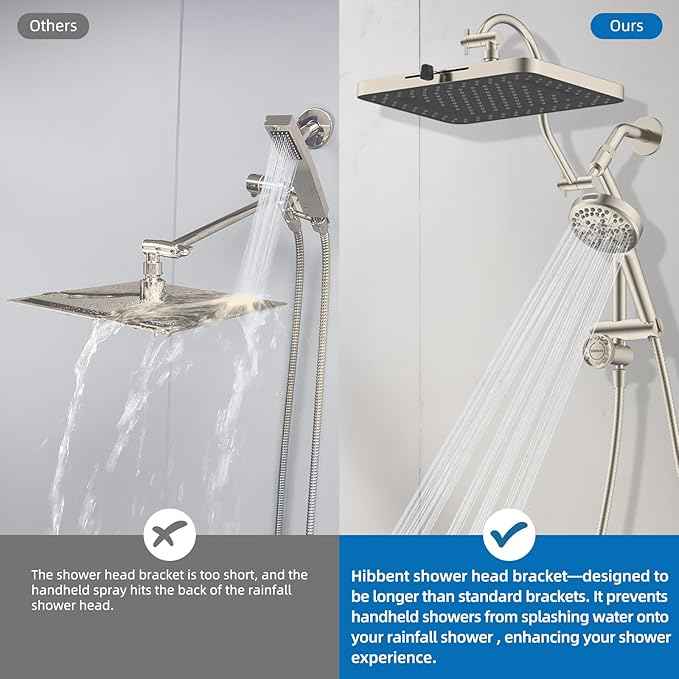 Hibbent cUPC Certified 13'' Shower Head Combo, High Pressure 5 Spray Rainfall Showerhead, 10 Spray Handheld, All Metal Easy Reach 4-way Diverter Arm with Pause Mode, 71'' Hose & Holder, Brushed Nickel