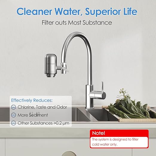 Faucet Water Filter for Sink, Rapid Flow - 400 Gallons Faucet Mount Water Filtration System for Tap Water, NSF Certified Reduces Chlorine (Grey-T2-1 Filter)