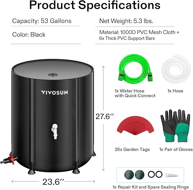 VIVOSUN Collapsible Rain Barrel, 53 Gallon Water Storage Tank with 1000D Oxford Cloth, Portable Rain Collection System Includes Two Spigots and Overflow Kit, Black