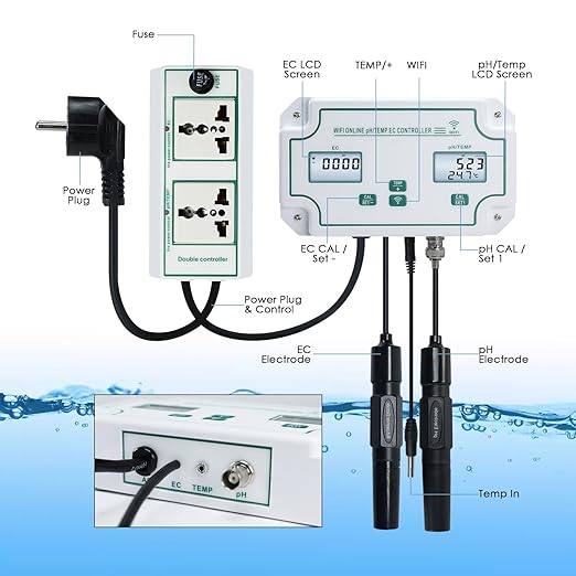 Smart EC pH Temperature Monitor for Hydroponics, 3-in-1 WiFi Water Quality Tester pH EC Controller with Dual Relay Output for Nutrient Reservoir Electric Conductivity Controller pH Meter for Aquarium