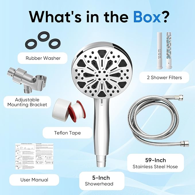 Handheld Shower Head, High Pressure Showerhead with 10 Spray Modes, 59" Stainless Steel Hose & Adjustable Bracket, Easy-Clean Nozzles, Replaceable Filter Cartridge, DOE Compliant (10 CFR §430.32)