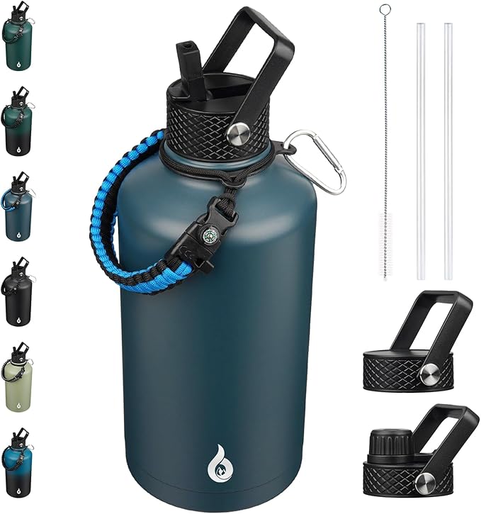 BJPKPK 2/3 Gallon Water Bottle with Straw Lid, 87oz Large, Stainless Steel Water Bottles with 3 Lids and Paracord Strap, Double Wall Vacuum Metal Jug, Navy Blue