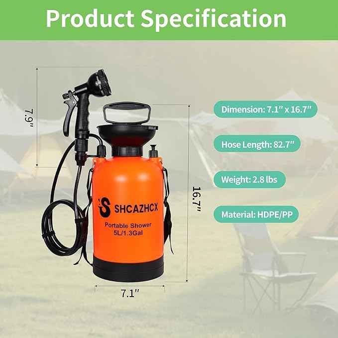 1.3 Gallon/5L Portable Outdoor Shower, 10 Spray Modes, No Power Needed, Insulated Sleeve Keeps Water Warm, Multi-Use Sprayer for Camping, Beach & Surfing, Fishing, Hiking, Road Trips, Orange
