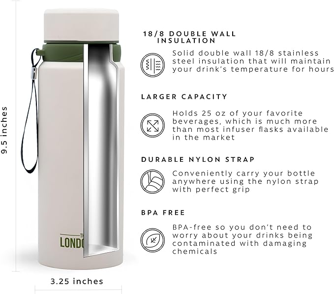 The London Sip 25 oz Multi-Purpose Tea Infuser Mug – Fruit Infuser Water Bottle for Hot and Cold – Double Wall Stainless Steel Insulated, Safari Beige