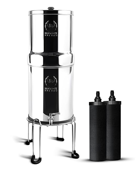 Gravity Water Filter System - 1.5 Gallons NSF/ANSI 42 & 372 Certified | AISI 304 Stainless Steel Water Filter with 2 Smart (Black) Carbon Filter Elements & Free Stainless Steel Stand and Spigot (1.5G)