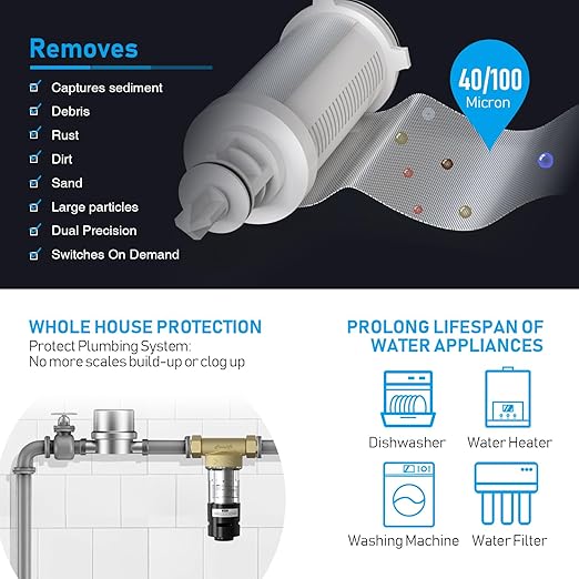 Frizzlife 40&100 Micron Spin Down Sediment Filter with Built-in Scraper, Reusable Whole House Pre-Filter for City/Well Water, Washing Machine, Flushable Filtration, BPA Free, 1"&3/4" NPT, JB40-100