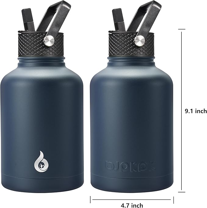 BJPKPK Insulated Water Bottles with Straw Lid, 50oz Large Water Jug, Stainless Steel Vacuum Bottles, Hot & Cold Thermo with 3 Lids and Paracord Handle,Navy Blue