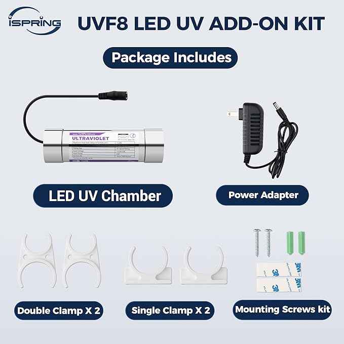 iSpring UVF8 LED UV Water Filter, Add-on Kit for Under Sink Water Filtration Systems, Mercury-Free, Stainless Steel - AquaVibe