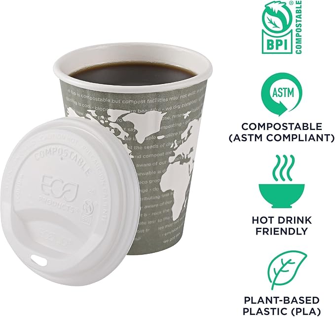 Eco-Products Compostable Coffee Cup Lids, Case of 800, White EcoLid, Fits 10-20oz Hot Cups, Made from PLA, A Renewable Material Made from Plants, ASTM, BPI-Certified