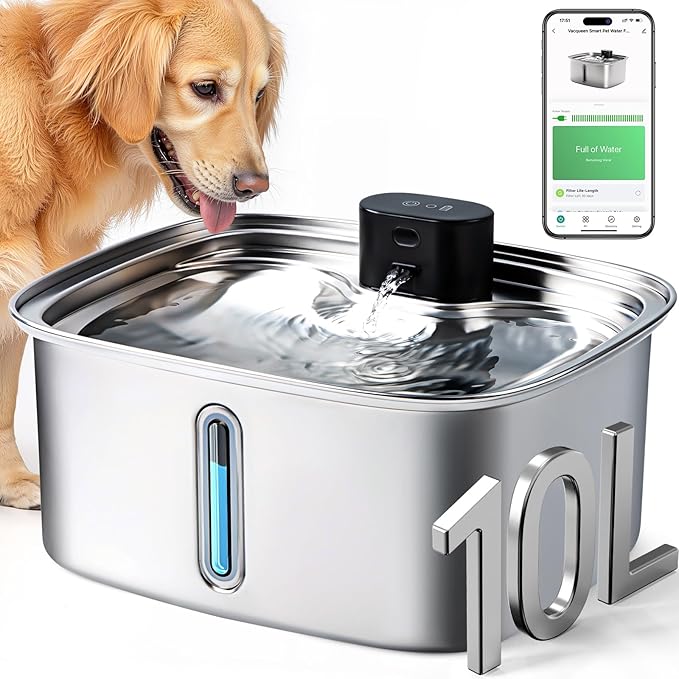 Large Dog Water Bowl Dispenser, 10L/ 338Oz Smart Dog Water Fountain Stainless Steel with APP Monitoring, Automatic Cat Water Fountain for Mutil-Pets Large Dogs 2.64Gal, 3 Fountain Modes 2.4G Wi-Fi