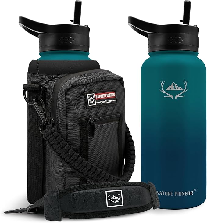 NATURE PIONEOR Insulated Water Bottles with Straw - 32oz Stainless Steel Vacuum Bottle with Holder/Carrier/Sleeve - Reusable 18/8 Food Grade 32 oz Water Jug