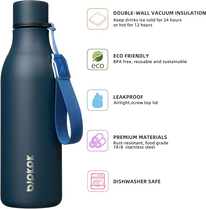 BJPKPK Insulated Water Bottles, 18 oz Stainless Steel Metal Water Bottle with Strap, BPA Free Leak Proof Jugs, Mugs, Flasks, Reusable Thermal Flasks for Sports & Travel, Navy Blue
