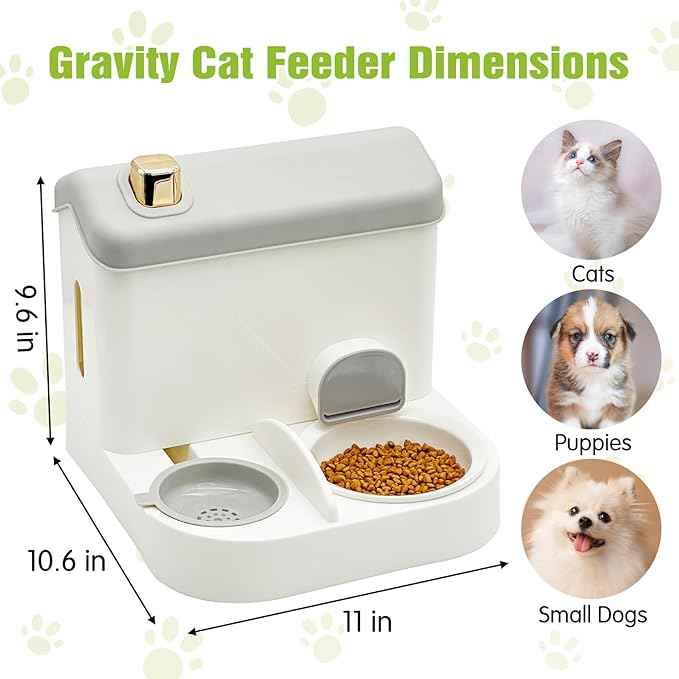 Fhiny Gravity Cat Feeder and Water Dispenser, 2 in 1 Gravity Feeder Dry Food & Waterer with Removable Ceramic Bowl, Self Feeding Station for Indoor Cats, Kittens, Puppies - Easy Clean (Grey)