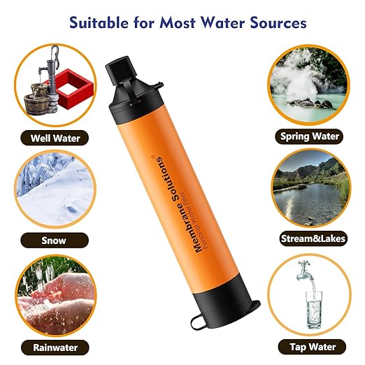 Membrane Solutions Personal Water Filter Straw with an Official Carry Case, Emergency Water Filter and Case Survival, Lightweight Water Purifier with Zip Lock Bag for Camping Hiking Gear(Orange)