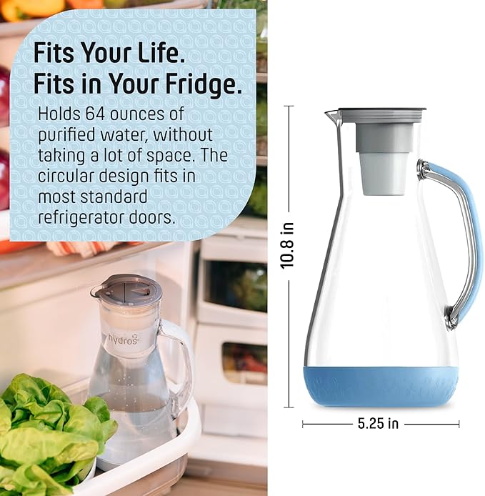 Hydros 64 Ounce Water Filter Pitcher with Patented Fast Flo Tech, 60 Second Quick Fill-Up and BPA-Free Recyclable Filter, Eight Cup Capacity, Blue