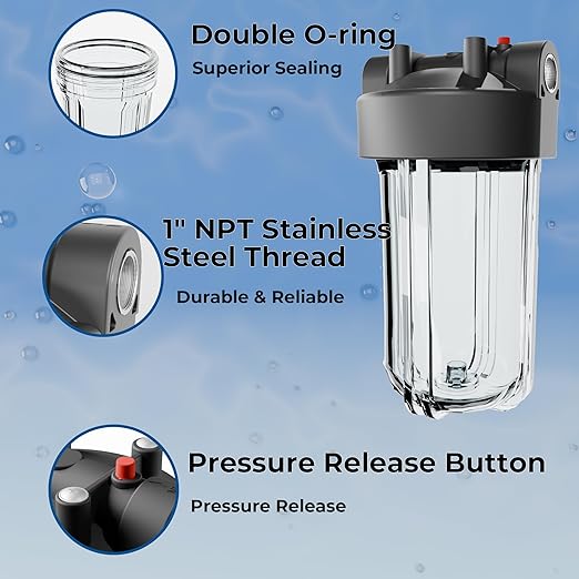 10" x 4.5" Whole House Water Filter Housing – 1" NPT Stainless Steel Ports, Heavy Duty Clear Filter Sump – Double O-Ring Leak-Proof with Pressure Release Valve – Fits All 10x4.5 Filters
