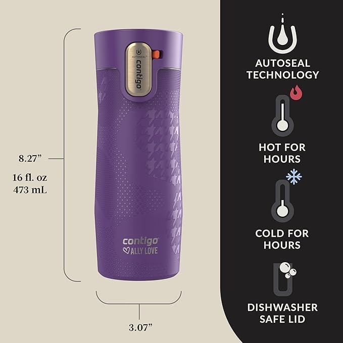 Contigo x Ally Love Stainless Steel Vacuum-Insulated Travel Mug with Autoseal and Easy Clean Lid, Spill-proof, Keeps Drinks cold 24 hrs & hot for 11 hrs, BPA Free, 16oz., West Loop 3.0, Violet