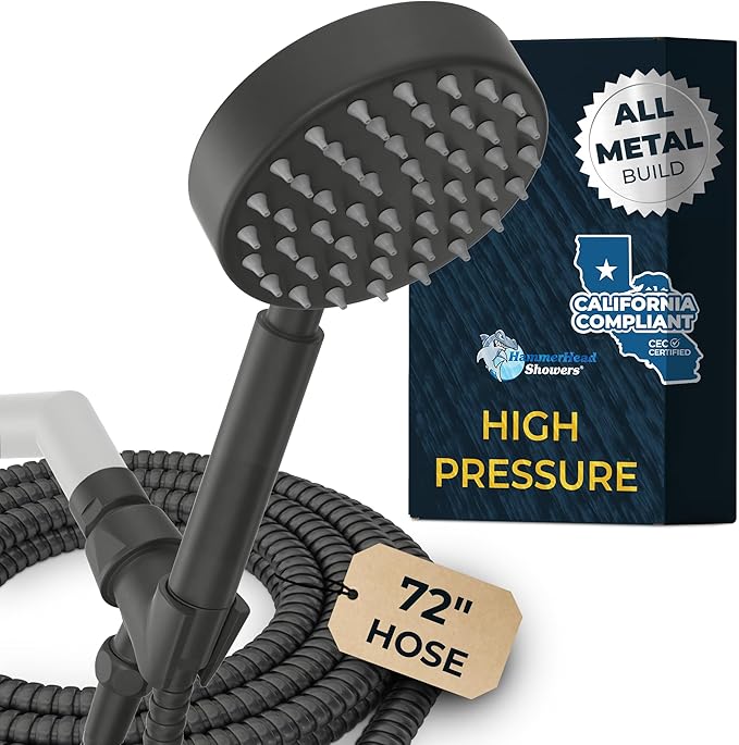 HammerHead Showers® Solid Metal LOW FLOW Handheld Shower Head with Hose and Brass Holder - MATTE BLACK – Water Saving 1.75 GPM Detachable Shower Head - Adjustable Shower Wand Bracket & 6ft Hose