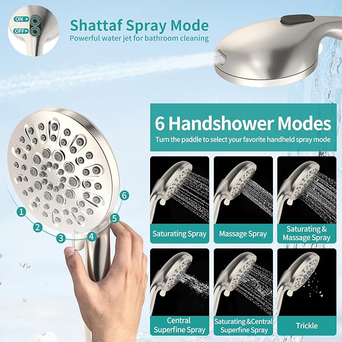 MIAOHUI High Pressure Rain Shower Head with 7 Settings Handheld Spray, Dual Shower Heads with Handheld Spray Combo, 10 Inch Luxury Rainfall Shower Head and Handle Set with Filter (Brushed Nickel)