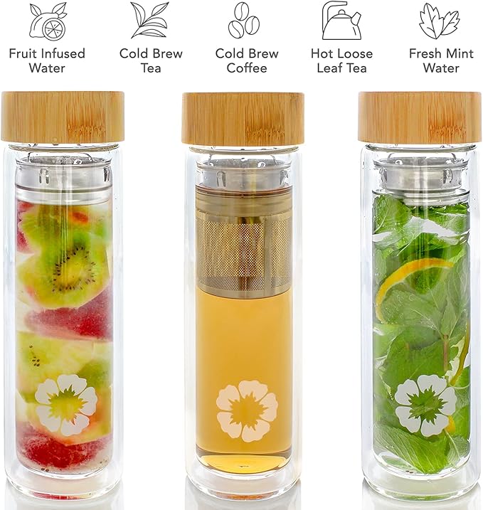 Teabloom All-Beverage Tumbler – 15 oz / 450 ml – Tempered Glass Travel Bottle – Hot and Cold Tea Infuser – Cold-Brew Coffee – Fruit-Infused Water – Tea Tumbler – The Pathfinder