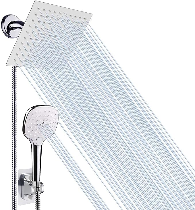 NearMoon Shower Head with Hose, High Pressure Stainless Steel Rain Shower and 3 Settings Handheld Spray Combo with Push Button Flow Control (8 Inch Showerhead Set, Chrome Finish) - AquaVibe