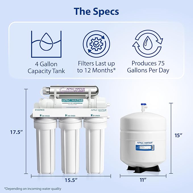 APEC Water Systems ROES-UV75-SS Top Tier Violet Sterilizer 75 GPD 6-Stage Ultra Safe Reverse Osmosis Drinking Water Filter System, Stainless Steel UV Housing
