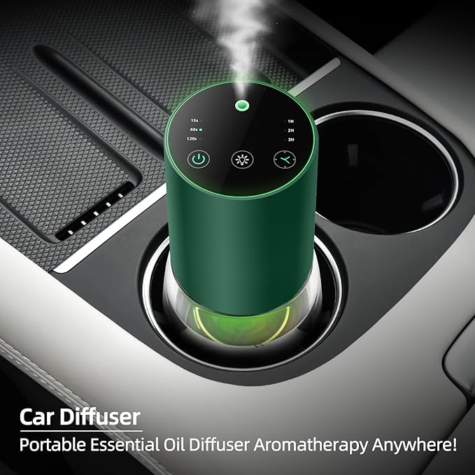 Waterless Essential Oil Diffuser 100ML Large Capacity Battery Operated Cordless Aromatherapy Diffuser with Timing & 3 Mist Levels car Diffuser 7 Colour Led Lights (Green)