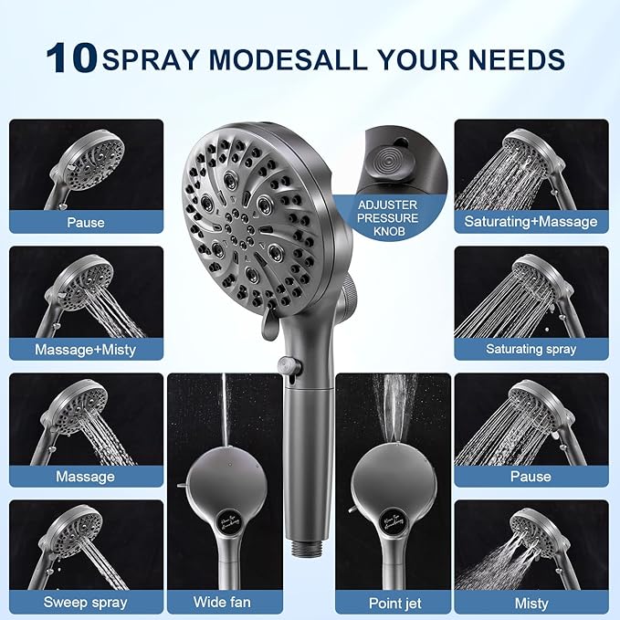 Filtered Shower Head with Handheld, High Pressure 10 Spray Mode Showerhead, Water Softener Filters Beads for Hard Water - Remove Impurity, with brackets and hoses, Gray