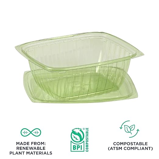 ECO PRODUCTS Compostable 32oz Rectangular Deli Containers With Lids, Pack of 50, Veridian Clear Green Meal Prep, Made from PLA, A Renewable Material Made from Plants, One Lid Fits All