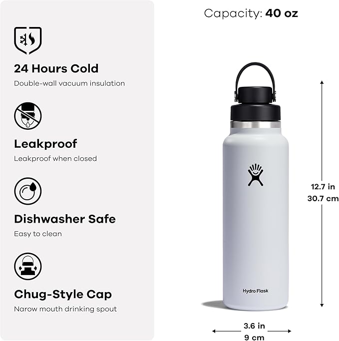 Hydro Flask Water Bottle - Insulated Stainless Steel - Wide Mouth Chug Lid, Non Spill, Leakproof in 40 Oz Dew