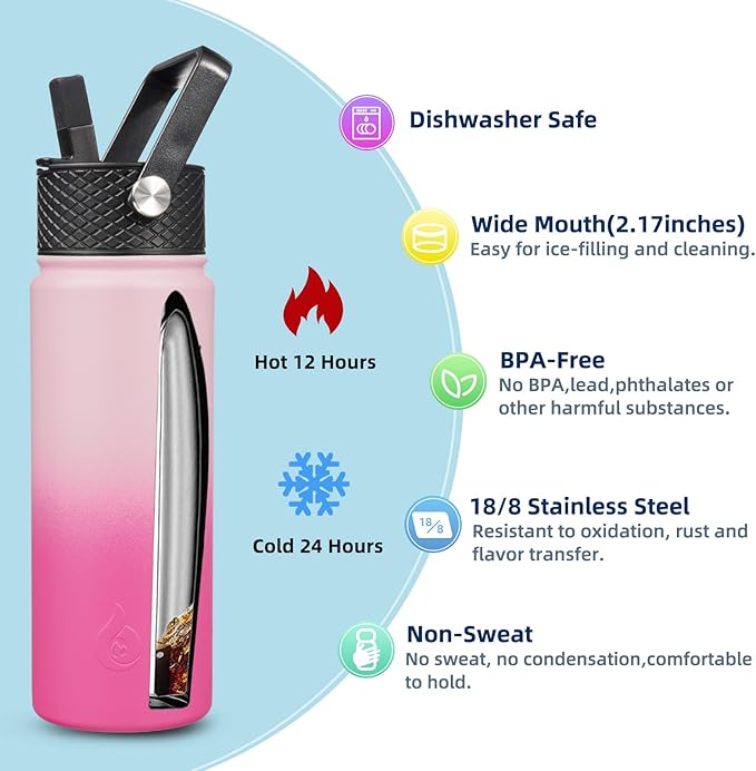 BJPKPK Insulated Water Bottles with Straw Lid, 22oz Cold & Hot Thermo, Stainless Steel Metal Water Bottle with 3 Lids, Reusable Thermo, Cups, Mugs for Daily Use-Cherry