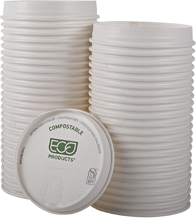 Eco-Products Compostable Paper Coffee Cup Lids, Case of 1000, White GreenStripe Tops, Fits 10-20oz Hot Cups, Lined With PLA, A Renewable Material Made from Plants, ASTM, BPI-Certified