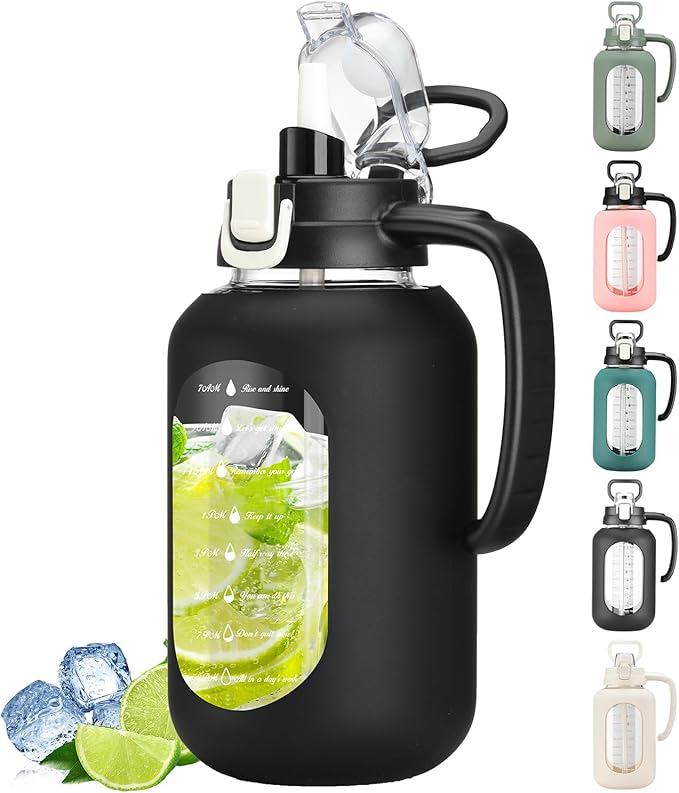 64 oz Glass Water Bottle with Handle and Straw Large 2L Water Bottle with Time Markers and Silicone Sleeve Half Gallon Water Jug BPA Free for Gym Daily Use