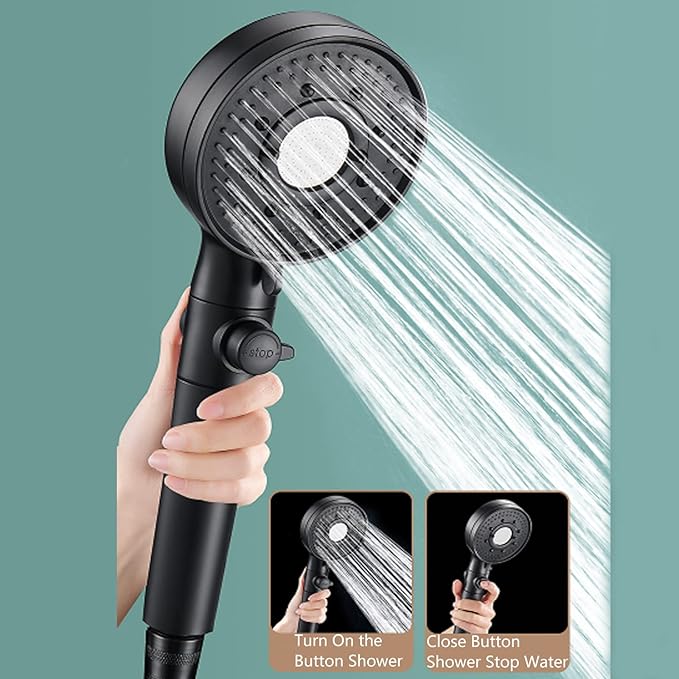 Shower Head, High Pressure for Low Pressure, Rainfall Shower Heads Handheld with Filter for Hard Water to Increase Pressure, 3 Adjustable Spray Modes with Water Stop Button, Black
