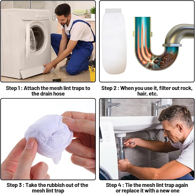 32Pcs Sturdy Lint Traps for Washing Machine Hose, Includes 8 Nylon Washer Hose Lint Trap Mesh and 24 Cable Ties, Washer Lints Catcher for Home Sink Drain System Hoses Screen Filter (White)