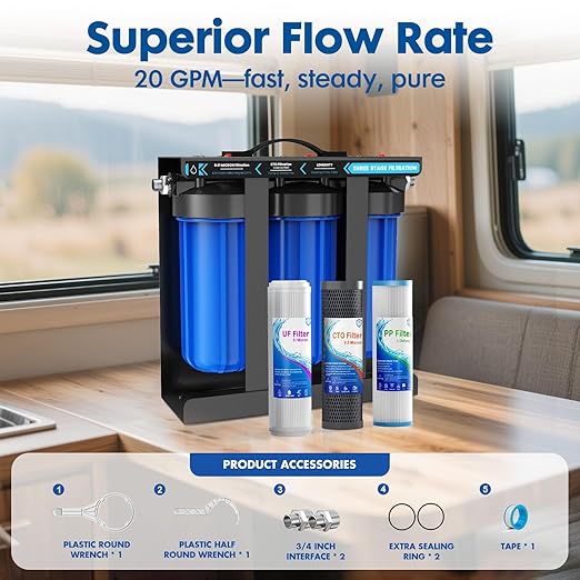 RV Water Filter System, 0.01 Micron RV Water Filtration System, 5-Stage PP+CTO+UF Filtration,Filters Out Sediments, Chlorine, Vocs, Heavy Metals, Odors for Pure Drinking Water, 1" Inlet/Outlet