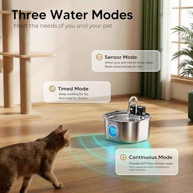 Voluas Stainless Steel Cat Water Fountain: 108oz/3.2L Wireless Cat Fountain Battery Operated for Drinking Indoor, Automatic Pet Water Dispenser Bowl with Ultra Quiet Pump, Easy Clean BPA-Free, 2Filter