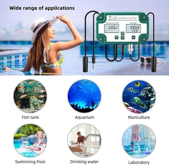 6 in 1Water Quality Tester, Smart Water Quality Monitor, PH EC TDS(PPM) Salt S.G Temperature Test Meter with App Control, Multi Parameter Water Monitor, for Swimming Pools, Household Drinking Water