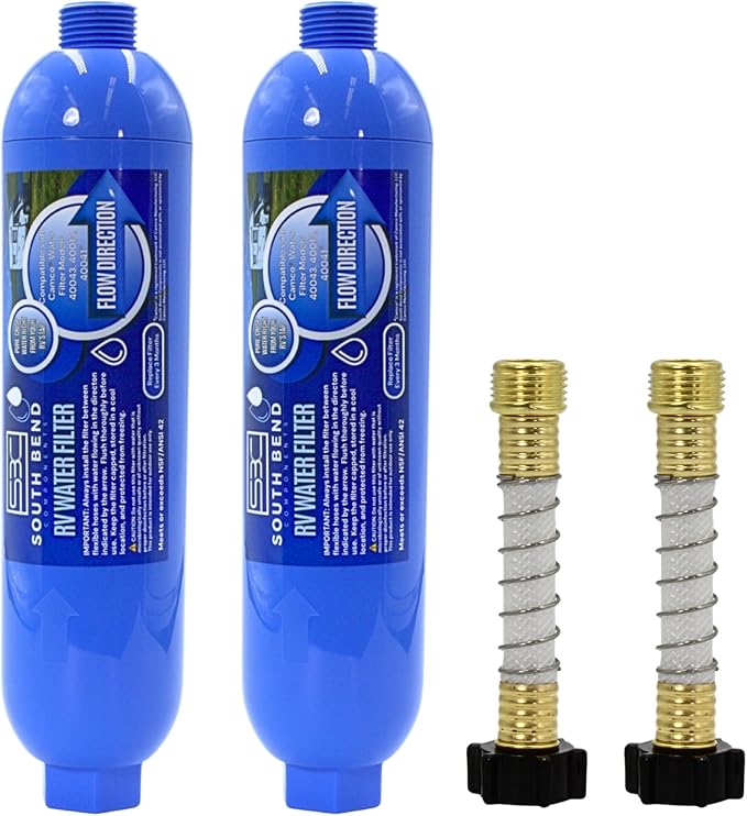 South Bend Components Reverse Osmosis (RO) Camper/RV/Boat/Yacht Water Inline Filter- NSF Certified! Includes ¾” Flexible Hose Protector, Compatible with Camco Water Filter, 40043, 40013, 4004 (2-Pack)