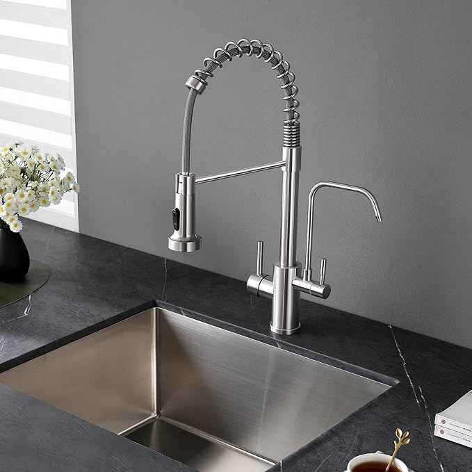 POPFLY Kitchen Faucet with Drinking Water Faucet, 3 in 1 Pull Down Faucet with Purfied Water Faucet, 2 Handle Spring Kitchen Water Filter Faucet, Brushed Nickel