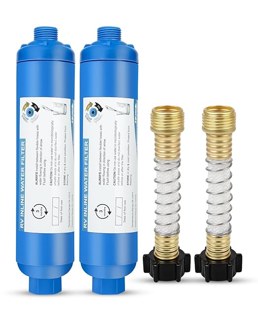 RV Inline Water Filter with 2 Flexible Hose Protector, Reduces Chlorine, Bad Taste, Corrosion, Rust, Sediments and Turbidity, Ideal for RVs, Garden, Gardening, Car Washing, Planting, 2 Pack