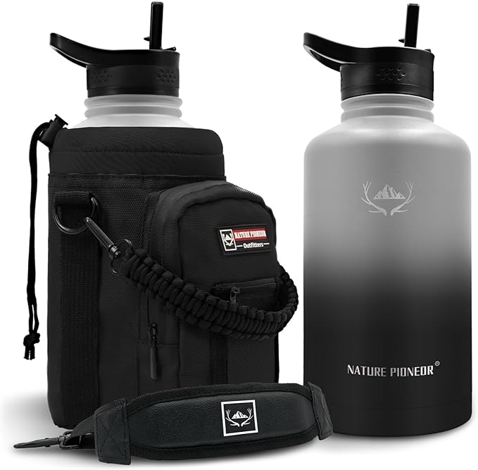 NATURE PIONEOR Insulated Water Bottles with Straw - 64oz Stainless Steel Vacuum Bottle with Holder/Carrier/Sleeve - Reusable 18/8 Food Grade Half Gallon Water Jug