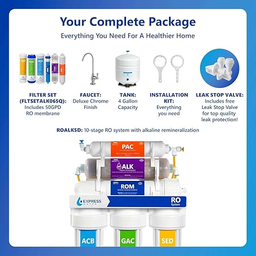Express Water 10 Stage Reverse Osmosis Alkaline Water Filtration System with Alkaline Filter for Added Essential Minerals – RO Water Filter with Faucet and Tank – Under Sink Water Filter 50 GPD