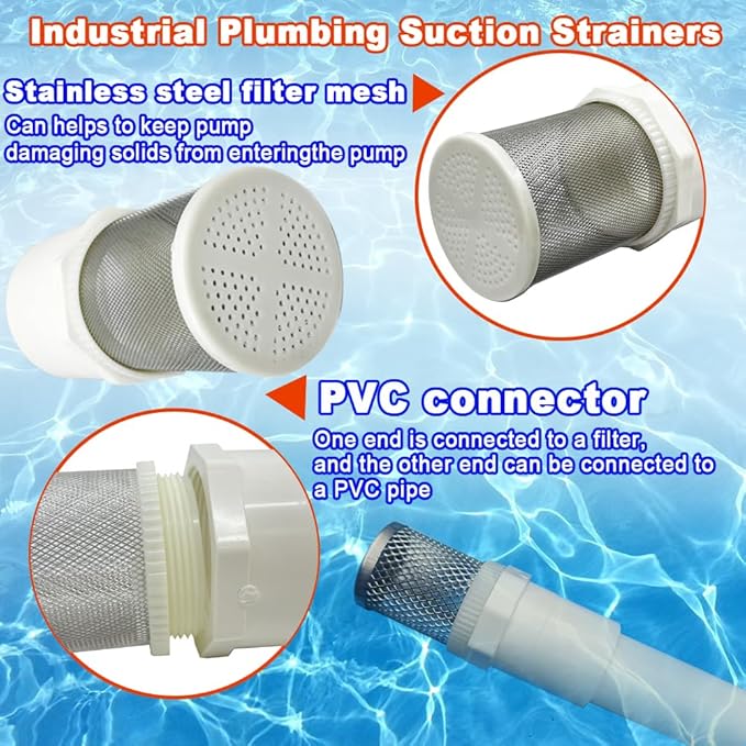 2 inch Stainless Steel Filter Cover Connected to 2 inch/DN50 PVC Water Pipe, Suction Strainers 360 Degree mesh Rapid Filtration Used to Remove Debris and Reduce Solid Entry