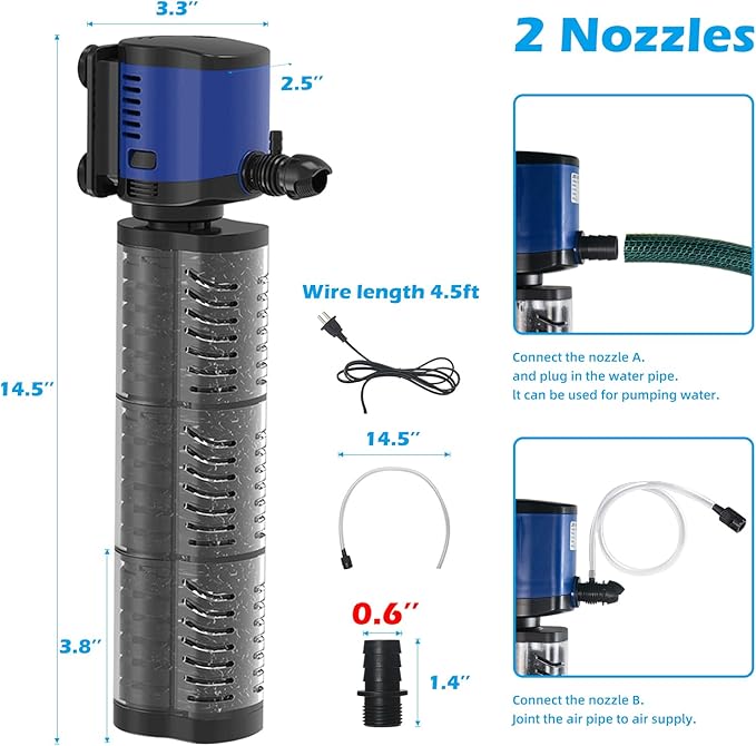 TARARIUM Fish Tank Filter Powerful 400GPH for 75-200 Gallon Large Aquarium Small Pond Fountain, Wave-Maker Submersible Water Pump Turtle Tank Filter for Saltwater & Freshwater System - AquaVibe