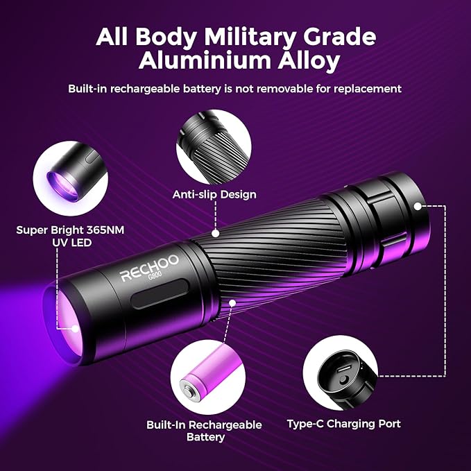 RECHOO Black Light UV Flashlight, 395nm Blacklight Rechargeable Flashlights UV Light, Portable Mini Black Light for Pet Urine Detection, Bed Bug, Dry Stains, Resin Curing, Scorpions Finder