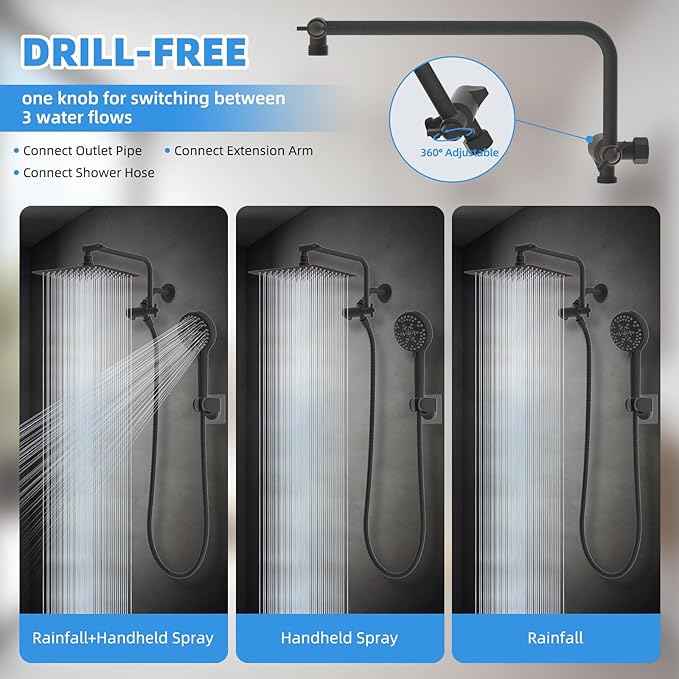 All Metal Shower Head, 8" High Pressure Rainfall/Handheld Shower Combo with 11" Extension Arm, 10-Spray Handheld Showerhead, 71" Long Hose, 3-Way Diverter Valve, Oil Rubbed Bronze