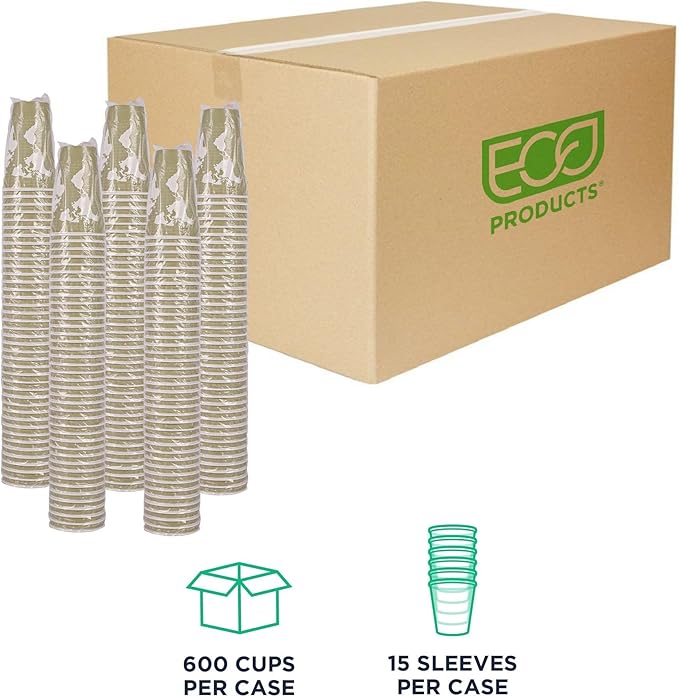 ECO PRODUCTS Compostable Disposable Insulated World Art 16oz Large Coffee Cups, Case of 600, Renewable Double-wall Hot Paper Cup, Plant Based PLA Lining, No Sleeves Needed, Color Coded