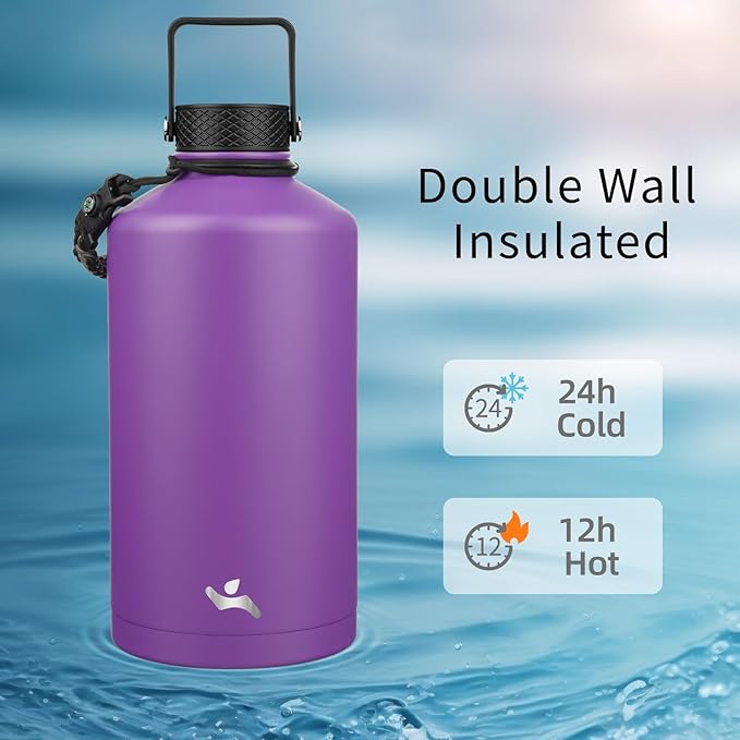 Gallon Insulated Water Bottle with Straw,128 oz 3 Lids Water Jug with Carrying Bag,Paracord Handle, Double Wall Vacuum Stainless Steel Metal Flask,Purple